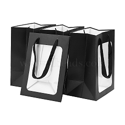 Flower Bouquet Paper Gift Bags, Portable Kraft Paper Tote Shopping Bag, with PVC Transparent Window and Handles, Party Gift Wrapping Bags, Rectangle, Black, 18x13x25cm(ABAG-WH0005-46B-03)