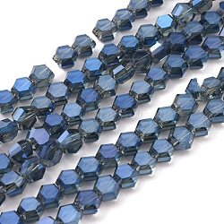 Electroplate Glass Beads Strands, Full Rainbow Plated, Faceted, Hexagon, Steel Blue, 6x7x4mm, Hole: 1.2mm, about 100pcs/strand, 20.87 inch(53cm)(EGLA-L018-C-FR03)