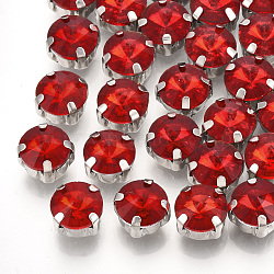 Sew on Rhinestone, Multi-strand Links, Glass Rhinestone, with Brass Prong Settings, Garments Accessories, Faceted, Flat Round, Platinum, Red, 13x7.5mm, Hole: 0.8~1mm(RGLA-T038-12mm-05)