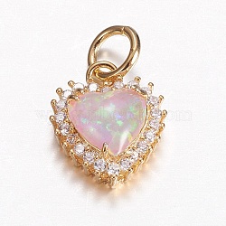 Brass Micro Pave Cubic Zirconia Charms, with Synthetic Opal, Heart, Golden, Pearl Pink, 14x11.5x5mm, Hole: 4mm(ZIRC-G141-01G-D)