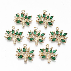 Brass Micro Pave Cubic Zirconia Pendants, Light Gold, Long-Lasting Plated, Cadmium Free & Lead Free, Tree, Green, 18.5x19x3mm, Hole: 1.5mm(KK-S359-020C-RS)