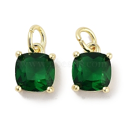 Brass Micro Pave Cubic Zirconia Charms, with Jump Ring, Suqare, Real 18K Gold Plated, Green, 9.5x7x3.5mm, Hole: 2.5mm(KK-C051-15G-03)