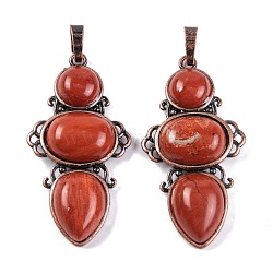 Natural Red Jasper Pendants, Rack Plating Brass Flower Charms, Cadmium Free & Lead Free, Red Copper, 47x24x6.5mm, Hole: 7.5x5mm(G-Q158-04-09)