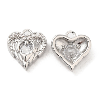 Brass & Glass & Cubic Zirconia Charms, Heart Wing Charm, Real Platinum Plated, Clear, 11x10.5x4mm, Hole: 1.2mm