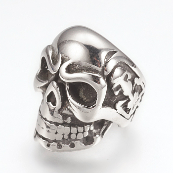 316 Surgical Stainless Steel Beads, Large Hole Beads, Skull, Antique Silver, 15.5x11x14mm, Hole: 8mm
