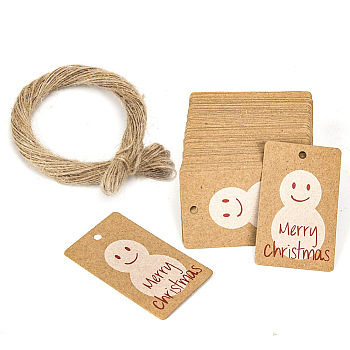 100Pcs Rectangle Christmas Kraft Paper Gift Tags, with Jute Ropes, BurlyWood, Snowman, 5x3cm