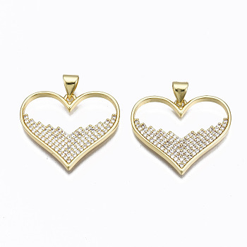 Brass Micro Pave clear Cubic Zirconia Pendants, Nickel free, Heart, Real 16K Gold Plated, 21x25x2mm, Hole: 3x5mm