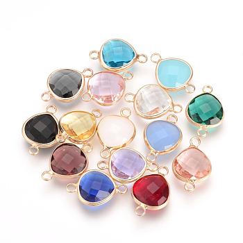 Glass Links connectors, with Brass Findings, Faceted, teardrop, Nickel Free, Raw(Unplated), Mixed Color, 19.5x13x5mm, Hole: 2mm