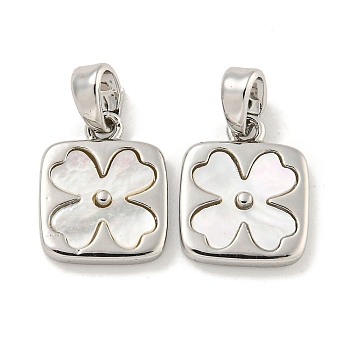 Natural Shell & Brass Square with Flower Charms with Snap on Bails, Platinum, 13x10x3mm, Hole: 4x2mm