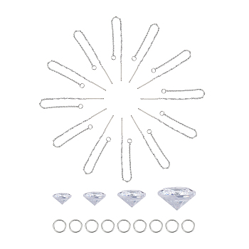 DIY Earring Making Kits, include Cubic Zirconia Pointed Back Pendants, 304 Stainless Steel Earring Findings, Faceted, Flat Round, Clear, Pendants: 4mm/6mm/8mm/10mm, Hole: 1mm, 16pcs/set