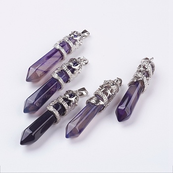 Natural Striped Agate/Banded Agate Big Pointed Pendants, with Alloy Findings, Faceted, Bullet, Platinum, 59~63x11~12mm, Hole: 4x7mm
