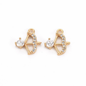 Brass Micro Pave Clear Cubic Zirconia Charms, Nickel Free, Bow and Arrow, Real 18K Gold Plated, 11x10x2.5mm, Hole: 1.2mm