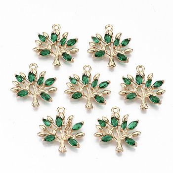 Brass Micro Pave Cubic Zirconia Pendants, Light Gold, Long-Lasting Plated, Cadmium Free & Lead Free, Tree, Green, 18.5x19x3mm, Hole: 1.5mm
