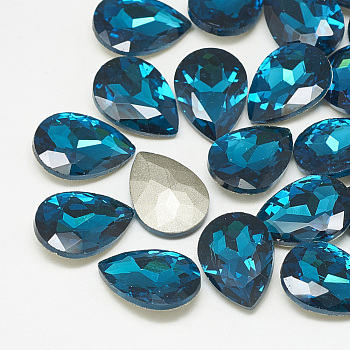 Pointed Back Glass Rhinestone Cabochons, Back Plated, Faceted, teardrop, Capri Blue, 25x18x8mm