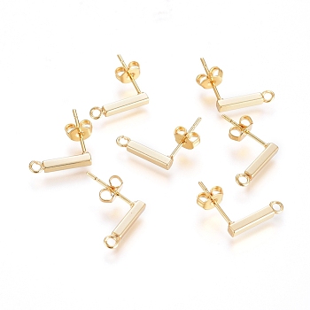 Brass Stud Earring Finding, Long-Lasting Plated, with Loop and Ear Nuts, Strip, Real 18K Gold Plated, 13x2x2mm, Hole: 1.6mm, Pin: 0.7mm