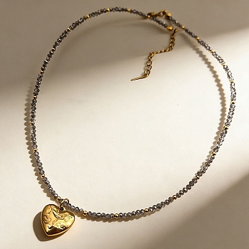 304 Stainless Steel I Love You Heart Pendant Gray Faceted Glass Beaded Necklaces for Women, Golden, 16.42 inch(41.7cm)