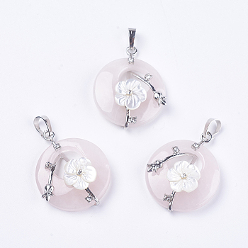 Natural Rose Quartz Pendants, with Shell, Rhinestone and Platinum Tone Brass Findings, Flat Round with Flower, 35.5~36x28x8mm, Hole: 5x8mm