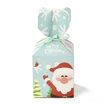 Christmas Theme Paper Fold Gift Boxes, with Ribbon, for Presents Candies Cookies Wrapping, Light Cyan, Santa Claus, 8.8x8.8x18cm