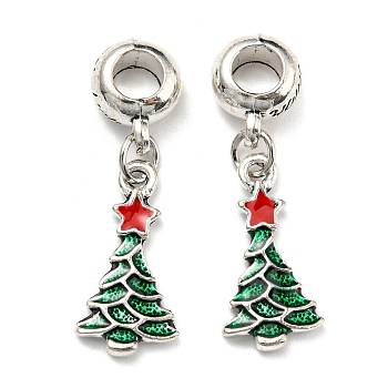 Rack Plating Brass Enamel European Dangle Charms, Alloy Christmas Tree Large Hole Pendant, Lead Free & Cadmium Free, Long-Lasting Plated, Antique Silver, Green, 33mm, Tree: 20x10x2mm, Hole: 5mm