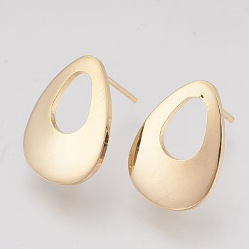 Brass Stud Earring Findings, with Loop, Teardrop, Nickel Free, Real 18K Gold Plated, 17x12mm, Hole: 2mm, Pin: 1mm