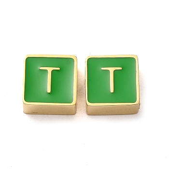 304 Stainless Steel Enamel Beads, Real 14K Gold Plated, Square with Letter, Letter T, 8x8x4mm, Hole: 2mm