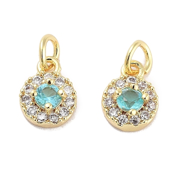 Brass Micro Pave Cubic Zirconia Charms, with Jump Ring, Flat Round, Real 18K Gold Plated, Cyan, 8x6x3mm, Hole: 2.5mm