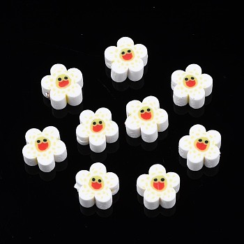 Handmade Polymer Clay Beads, Flower with Smiling Face, White, 9~10x4mm, Hole: 1.5mm