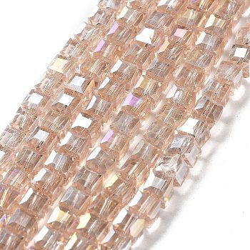 Electroplate Glass Beads Strands, AB Color Plated, Faceted, Cube, Wheat, 6x6x6mm, Hole: 1mm