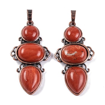 Natural Red Jasper Pendants, Rack Plating Brass Flower Charms, Cadmium Free & Lead Free, Red Copper, 47x24x6.5mm, Hole: 7.5x5mm