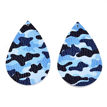 Imitation Leather Big Pendants, Teardrop with Camouflage Pattern, Dodger Blue, 56.5x37x2mm, Hole: 2mm