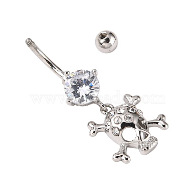 Piercing Jewelry Real Platinum Plated Brass Rhinestone Pirate Style Skull Navel Ring Belly Rings(AJEW-EE0001-28)-4