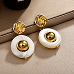 Brass and Shell Stud Dangle Earrings for Women, Flat Round, Real 18K Gold Plated, 36x20mm(FS-WG0512D-01)