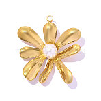 304 Stainless Steel Pendants, with ABS Imitation Pearl, Flower Charms, Hand Polished, Ion Plating(IP), Real 18K Gold Plated, 28x25mm, Hole: 1.8mm(STAS-OY019-50G)