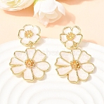 Flower Brass Dangle Stud Earrings, Cadmium Free & Lead Free, Rack Plating, Long-Lasting Plated, Real 18K Gold Plated, White, 40.5x24mm(EJEW-D352-05G-04)