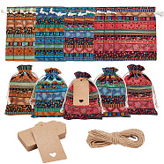 24Pcs 4 Colors Bohemian Rectangle Geometric Print Linenette Drawstring Bags, Ethnic Style Pouches with Jute Cord and Kraft Paper Price Tags, Mixed Color, Bag: 18x13cm, 6pcs/color(ABAG-NB0001-88B)