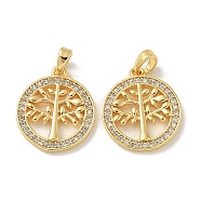 Brass Micro Pave Cubic Zirconia Pendents, Flat Round with Tree of Life Charms, Real 18K Gold Plated, 19x16.5x2.5mm, Hole: 3.5x2.5mm(KK-R210-21G-02)