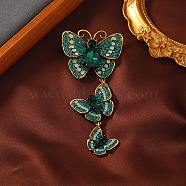 Creative Long Alloy Triple Butterfly Brooch, Rhinestone Retro Insect Brooch, for Ceremony Banquet Suit Accessory, Emerald, 110x52mm(PW-WG59366-04)