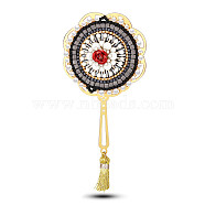 SHEGRACE Japanese Seed Beads Brooches, with Brass Findings and Tassels, Fan, Golden, 100x48mm(JBR076C)