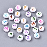Opaque White Acrylic Beads, Flat Round with Mixed Color Letter, Letter, 7x3.5mm, Hole: 1.2mm(X-MACR-N012-01)