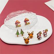 4 Pairs Snowman & Christmas Tree & Deer & Mushroom Printed Wood Stud Earrings, Mixed Color, 16~17x10~17mm(EJEW-OY001-07)