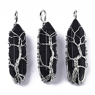 Natural Black Agate Big Wire Wrapped Pendants, with Brass Wires, prismatic with Tree of Life, Platinum, 48~62x14~17x13~18mm, Hole: 4x5~6mm(G-T133-P02A)