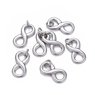 304 Stainless Steel Charms, with Jump Ring, Infinity, Stainless Steel Color, 20.5x10.5x2mm, Hole: 4mm(STAS-L218-17P)
