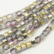 Electroplate Glass Beads Strands, Half Plated, Faceted Cube, Plum, 4x4x4mm, Hole: 1mm, about 100pcs/strand, 16.9 inch(EGLA-D018-4x4mm-13)