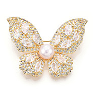 Natural Pearl Butterfly Brooches for Women, Brass Pave Cubic Zirconia Pins, Real 14K Gold Plated, 32x41x11mm(JEWB-N001-14G)