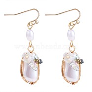 Shell Pearl with Acrylic Butterfly Dangle Earrings, Brass Wire Wrap Long Drop Earrings for Women, Golden, 44x12mm, Pin: 1mm(JE975A)