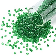 Glass Seed Beads, Transparent, Round, Round Hole, Dark Green, 12/0, 2mm, Hole: 1mm, about 3333pcs/50g, 50g/bag, 18bags/2pounds(SEED-US0003-2mm-7B)