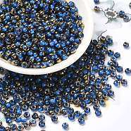 Glass Seed Beads, Half Plated, Inside Colours, Round Hole, Round, Medium Blue, 4x3mm, Hole: 1.4mm, 5000pcs/pound(SEED-H002-B-D215)