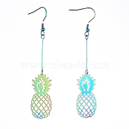 201 Stainless Steel Dangle Earrings, Etched Metal Embellishments, Pineapple, Rainbow Color, 85mm, Pin: 0.7mm(EJEW-JE04149-02)