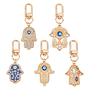 5Pcs 5 Colors Hamsa Hand/Hand of Miriam with Evil Eye Alloy Enamel Pendant Decoration, Swivel Clasps Charms, Clip-on Charms, for Keychain, Purse, Backpack Ornament, Mixed Color, 74.5mm, 1pc/color(HJEW-NB0001-75)