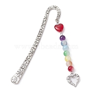 Flower Pattern Alloy Hook Bookmarks, Round & Heart Glass Beaded Bookmark with Charm, Wing, 124mm, Pendant: 97x16.5x8.5mm(AJEW-JK00250-01)